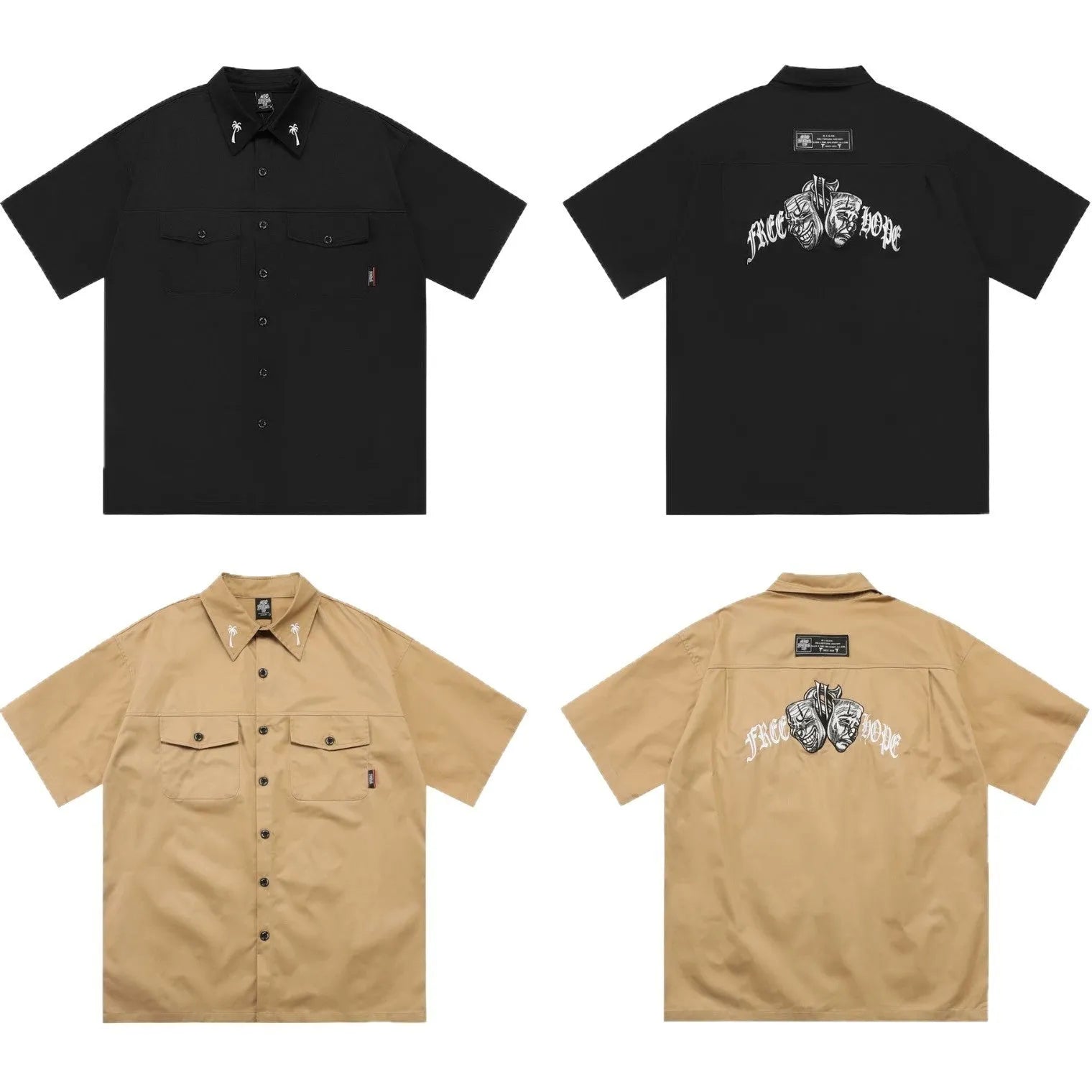 Man wearing a black loose-fit cotton blend embroidered pocket shirt with half-length sleeves.