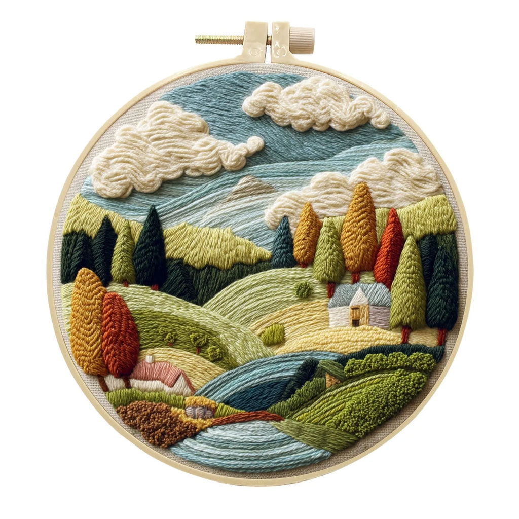 Embroidery DIY kit with landscape printed fabric, threads, needles and 15cm bamboo frame