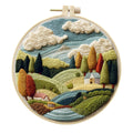 Embroidery DIY kit with landscape printed fabric, threads, needles and 15cm bamboo frame