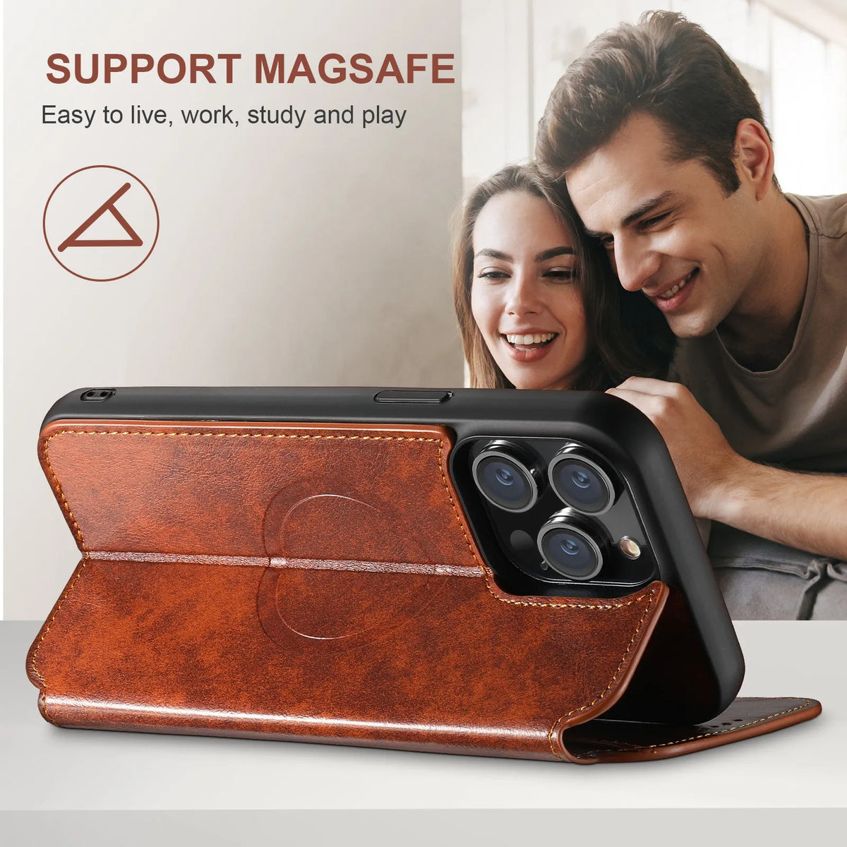 Magnetic wireless charger protective leather case phone case with bracket and card slot in J05 Black