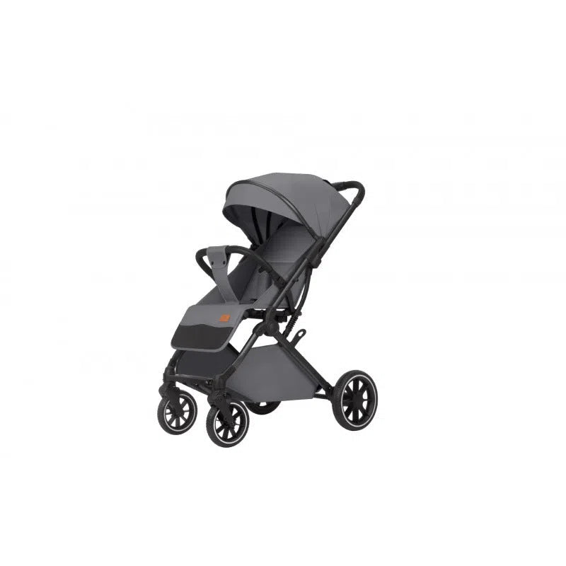 Lightweight folding baby stroller with lie-flat seat and four-wheel shock absorbers, available in black, dark grey, light grey and khaki