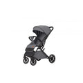 Lightweight folding baby stroller with lie-flat seat and four-wheel shock absorbers, available in black, dark grey, light grey and khaki