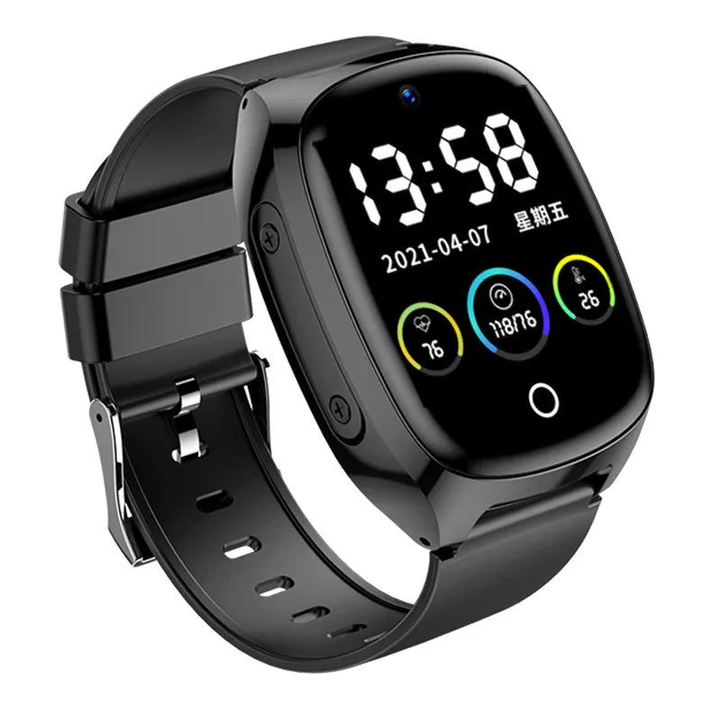 Black GPS location tracker phone watch with touch screen displayed on wrist, showing SOS button and charging cable.