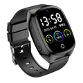 Black GPS location tracker phone watch with touch screen displayed on wrist, showing SOS button and charging cable.