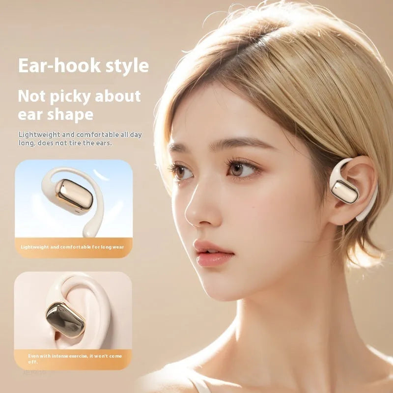 Ear-mounted headphones with digital display screen in black, skin colour, or white options