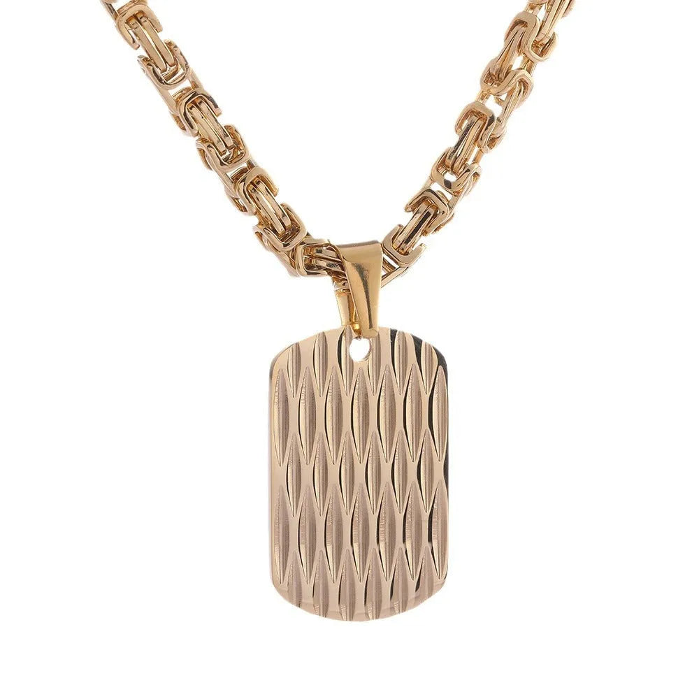 Titanium steel men's water ripple pendant necklace with quadrilateral geometry on emperor chain