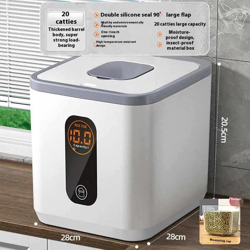 Grey plastic airtight rice storage jar with lid and measuring cup for 10kg, 20kg, or 30kg capacity.