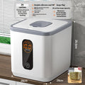 Grey plastic airtight rice storage jar with lid and measuring cup for 10kg, 20kg, or 30kg capacity.