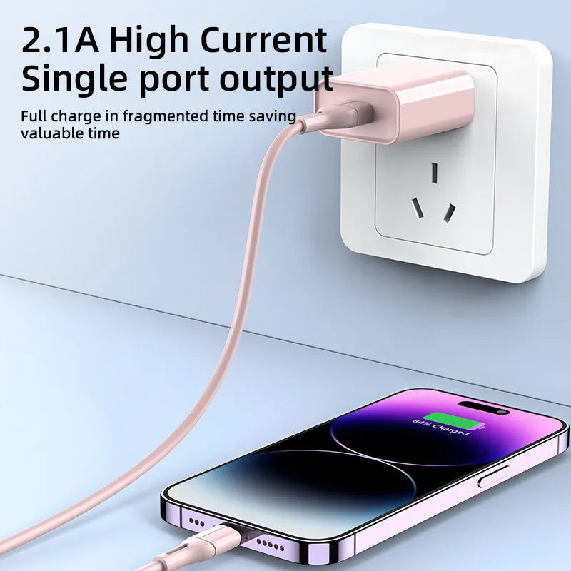 Single port USB phone charger with American standard plug, 10W output, QC2.0, in pink, green, blue or yellow