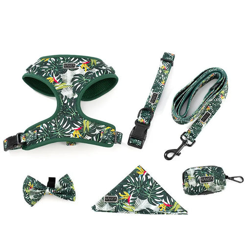 Adjustable pet harness vest six-piece set with haulage rope, collar, bow tie, and triangle scarf accessories
