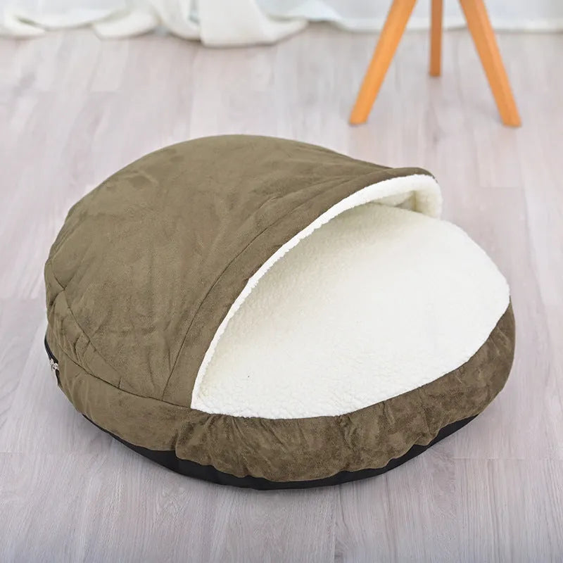 Brown cloth dog kennel with removable cushion for a medium-sized dog