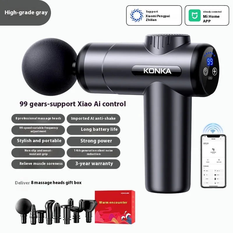 Konka electric mini massage gun with multiple massage head attachments on a gray background.