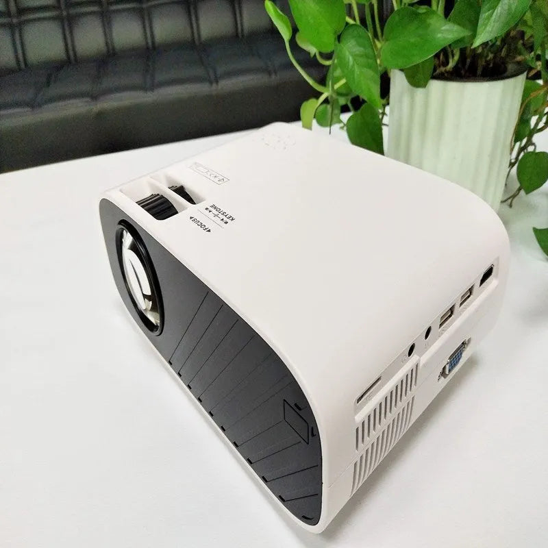 Portable LED smart projector with 18800 brightness, 1920x1080 support, 36-196 inch screen range, black or white.