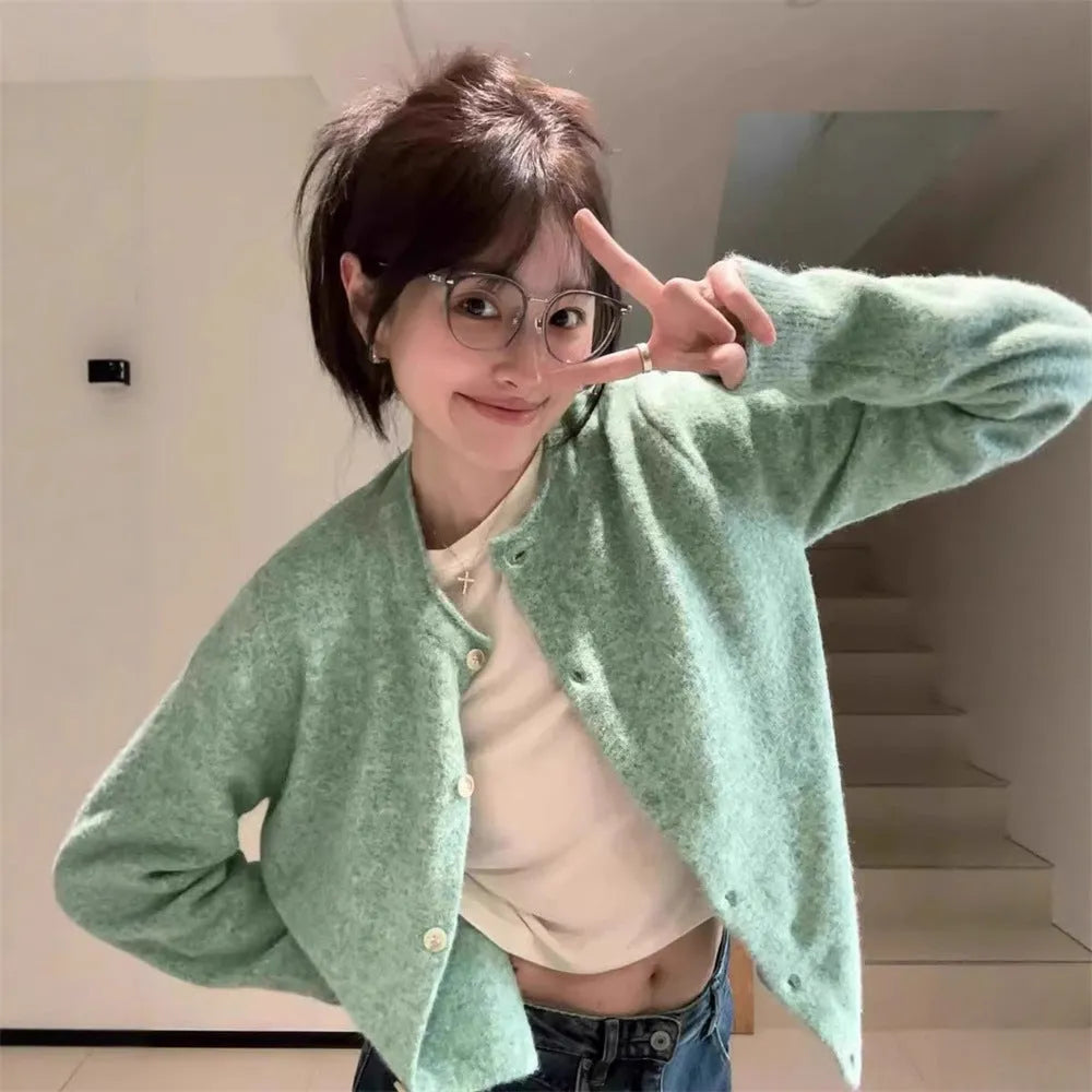 Loose cardigan top for women with splicing details in polyester knit fabric, free size, long sleeves