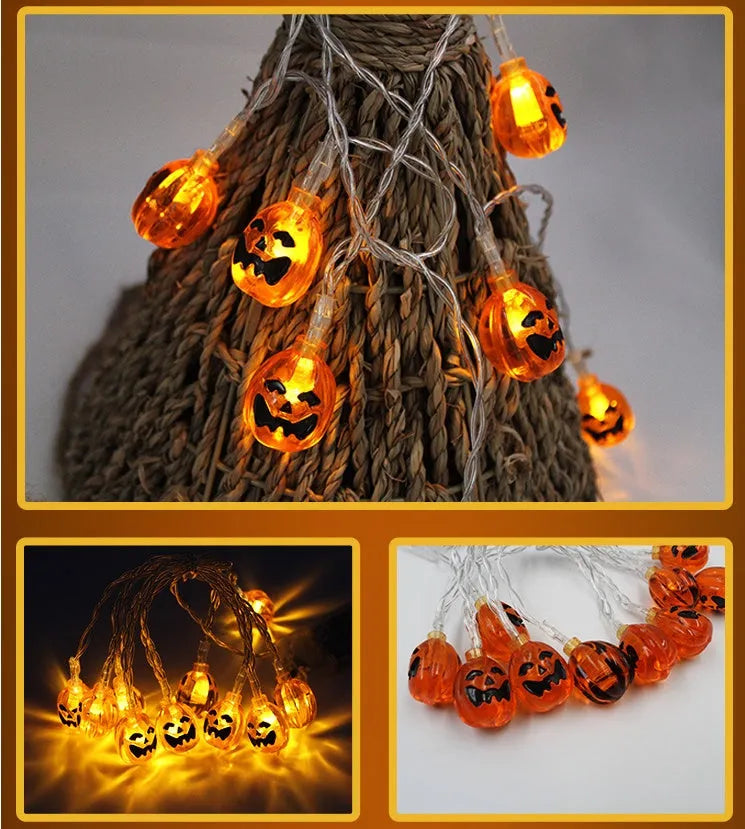 Halloween LED string lights with 10 pumpkin ghost bat spider skull pendants on white 1.2m waterproof cable