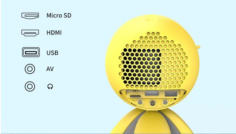 YG220 portable LED projector in white or yellow colour showing 1080P input and 24-80 inch projection size.