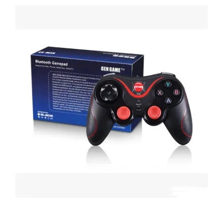 Upgraded X3 black and white Bluetooth wireless game controller for Android phones with cellphone clip attached.