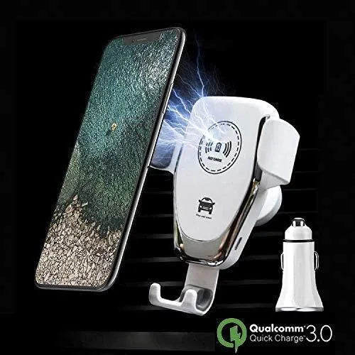 Black car Qi wireless charger with automatic clamp mounted on a vehicle air vent.