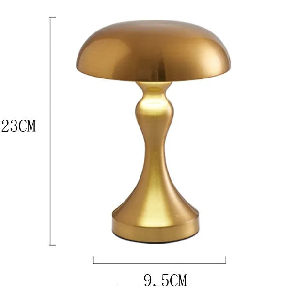 Metallic USB rechargeable LED desk lamp with touch control showing three colour light options.