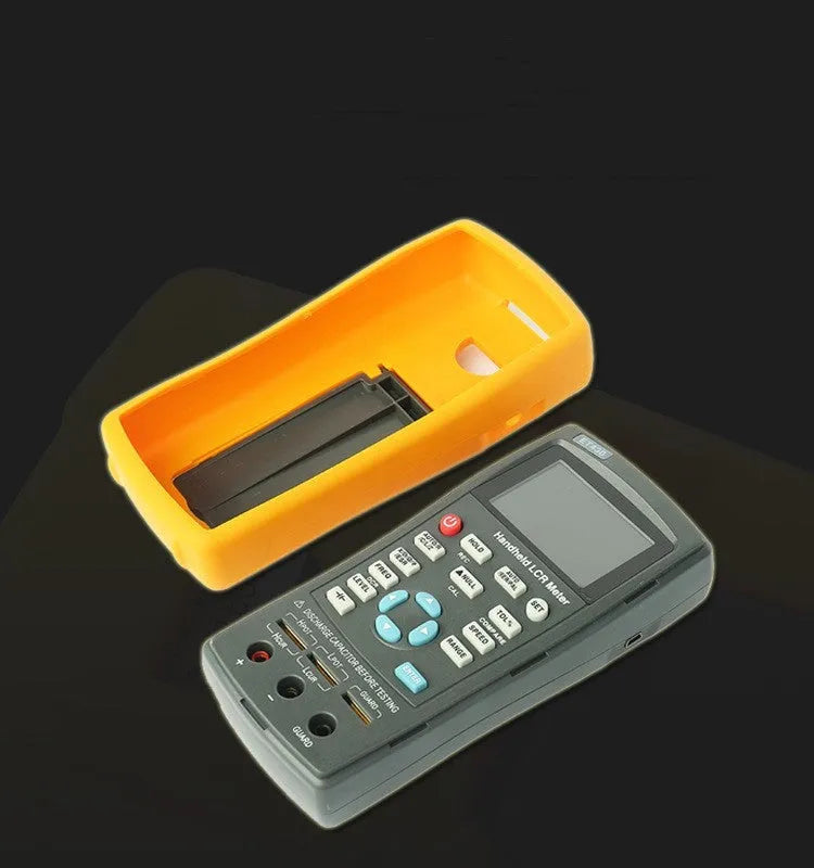ET432 handheld LCR digital bridge with 2.8 inch TFT LCD, 100Hz to 100kHz range, Kelvin test clamp.