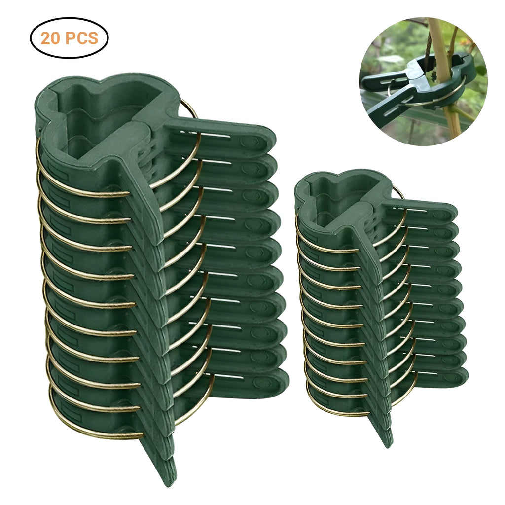 Green plastic and zinc plant fixing clips for supporting tomatoes, cucumbers, and climbing vines.