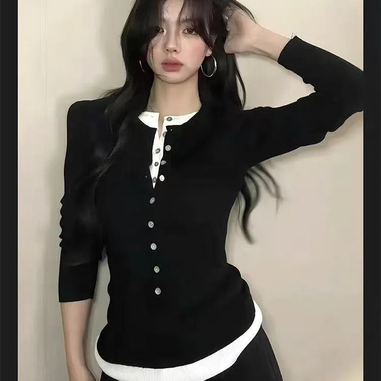 Black women's knitted fake two pieces slim fit long sleeve top on hanger