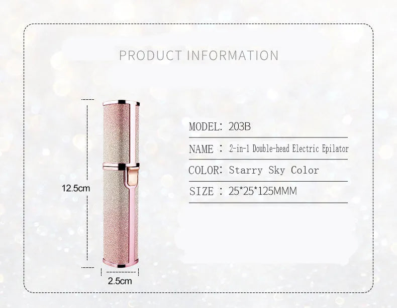 Lipstick shape electric eyebrow trimmer with gold plated head in Rainbow or Starry Sky colour, 2.5 x 2.5 x 12.5 cm.