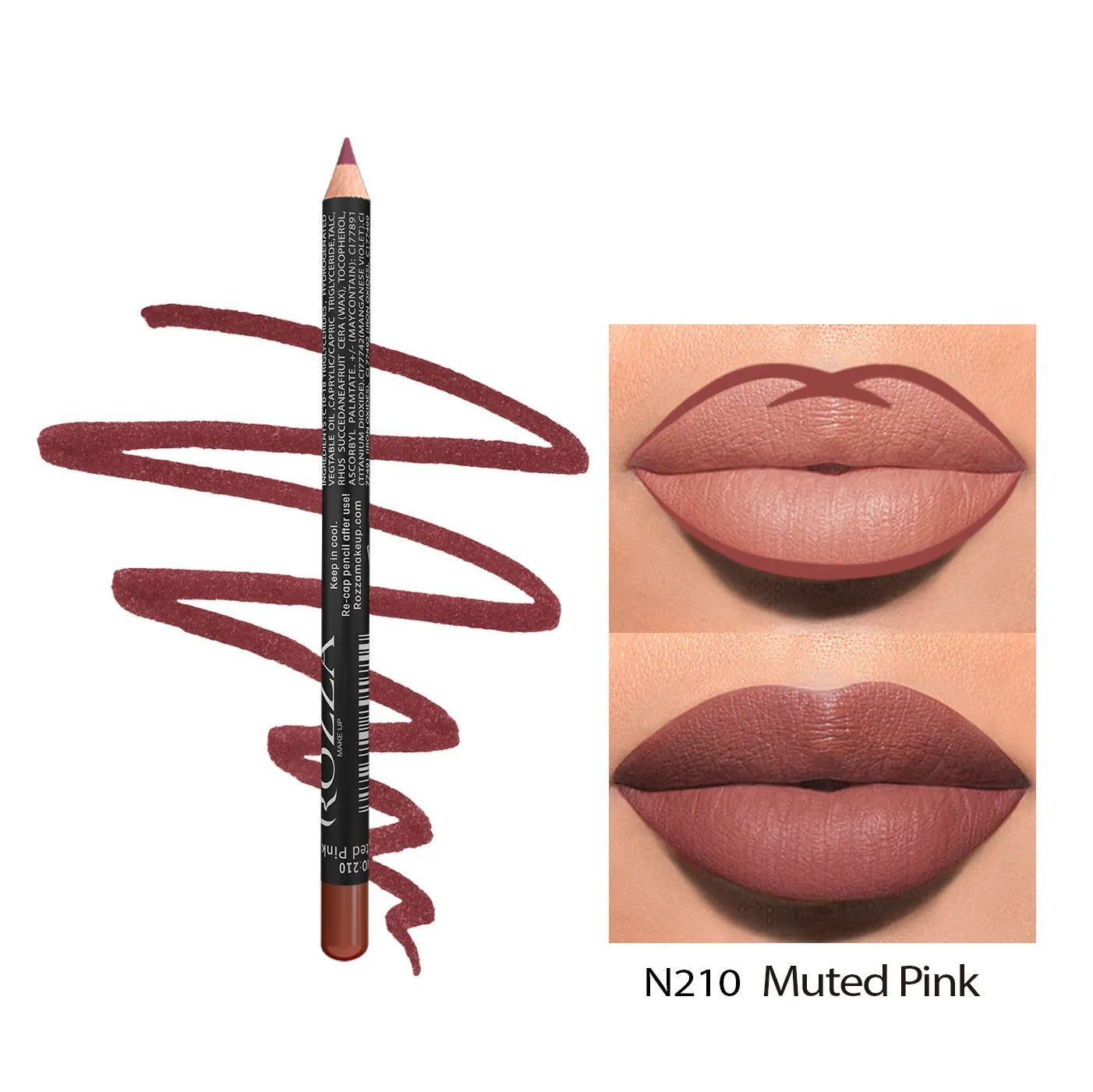 A lip liner pencil in a wooden barrel, shown with a sharp point, alongside swatches of its 14 available colour shades.