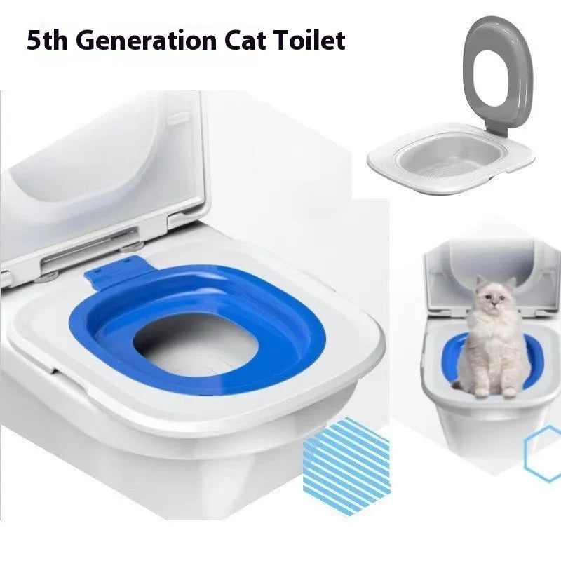 Fifth generation blue cat toilet trainer mat with contoured shape and raised waste guard rim.