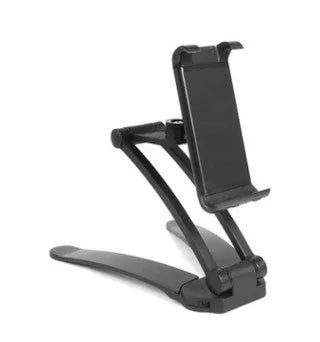 Silver aluminum alloy desktop stand holding a tablet at an angle, showing its adjustable clip and 360-degree rotation base.