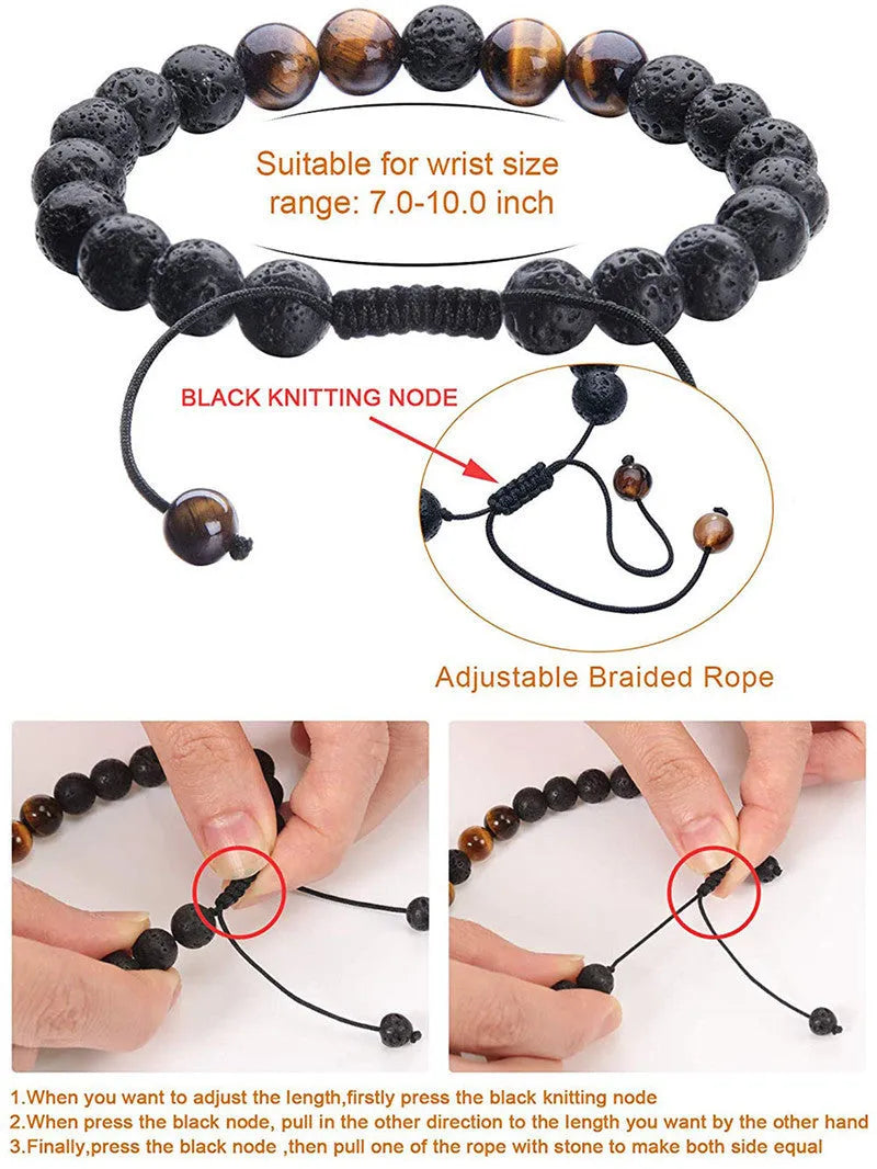 Matte black agate couple bracelets with geometric beads in individually packaged presentation