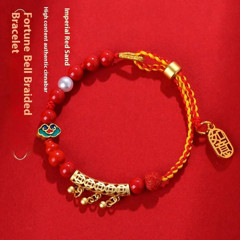 Women's hand-woven cinnabar red sand bell bracelet with round geometry design on neutral background