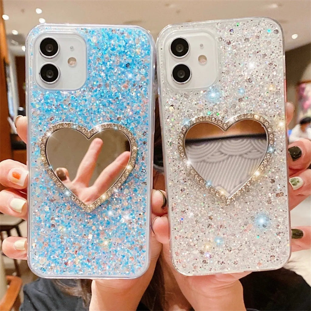 Epoxy mirror heart shape rhinestone phone case for Apple iPhone with glitter gold finish