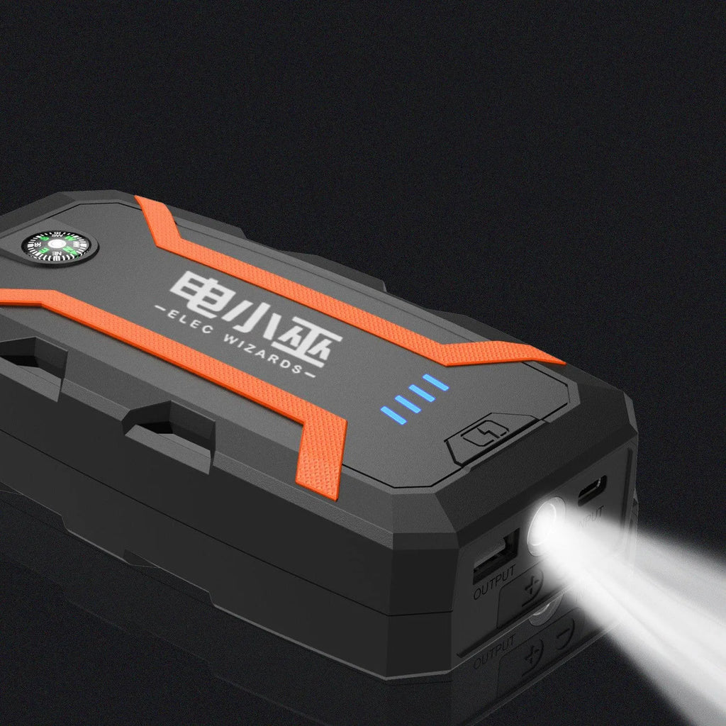 Portable 12V car jump starter with battery clamp, flashlight, and digital charging, 168x80x42mm, V0 fireproof material.