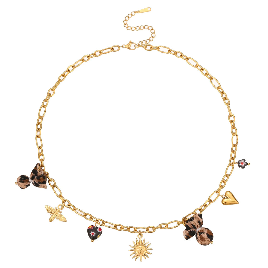 Leopard and love heart flowers pendant necklace on a stainless steel chain with gold electroplating.