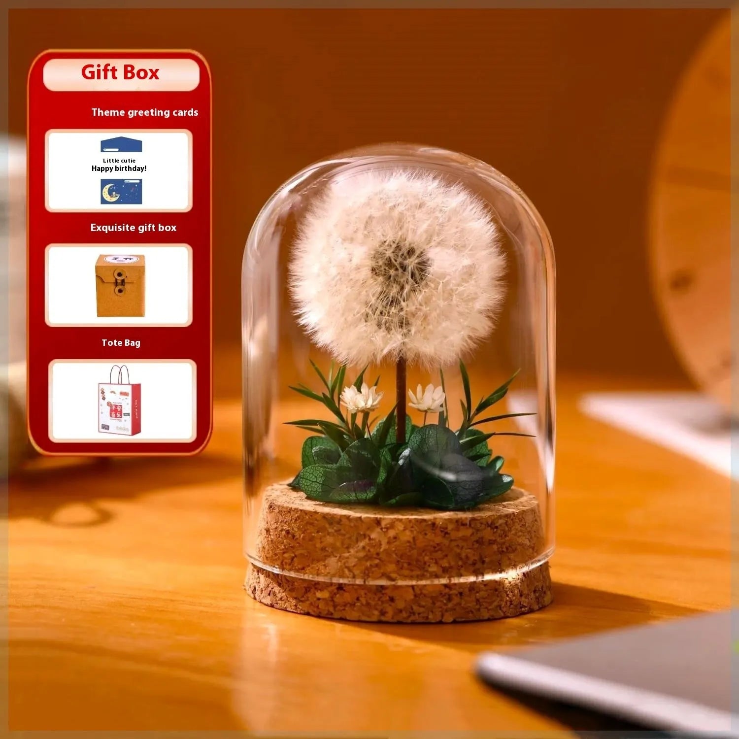 Dandelion-shaped glass night light ornament in gradient colours on wooden surface