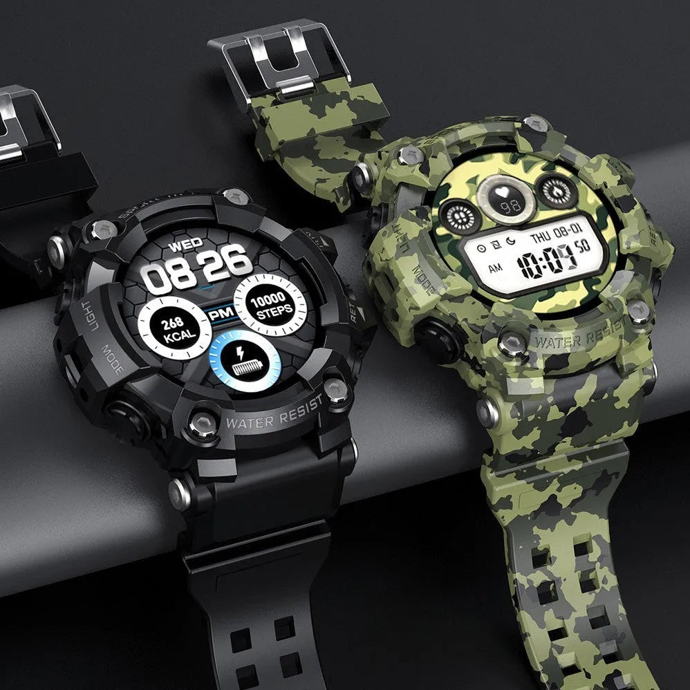 T6 Tactical Rugged Smart Watch bracelet with 1.3-inch screen in black or green, showing alloy shell construction.