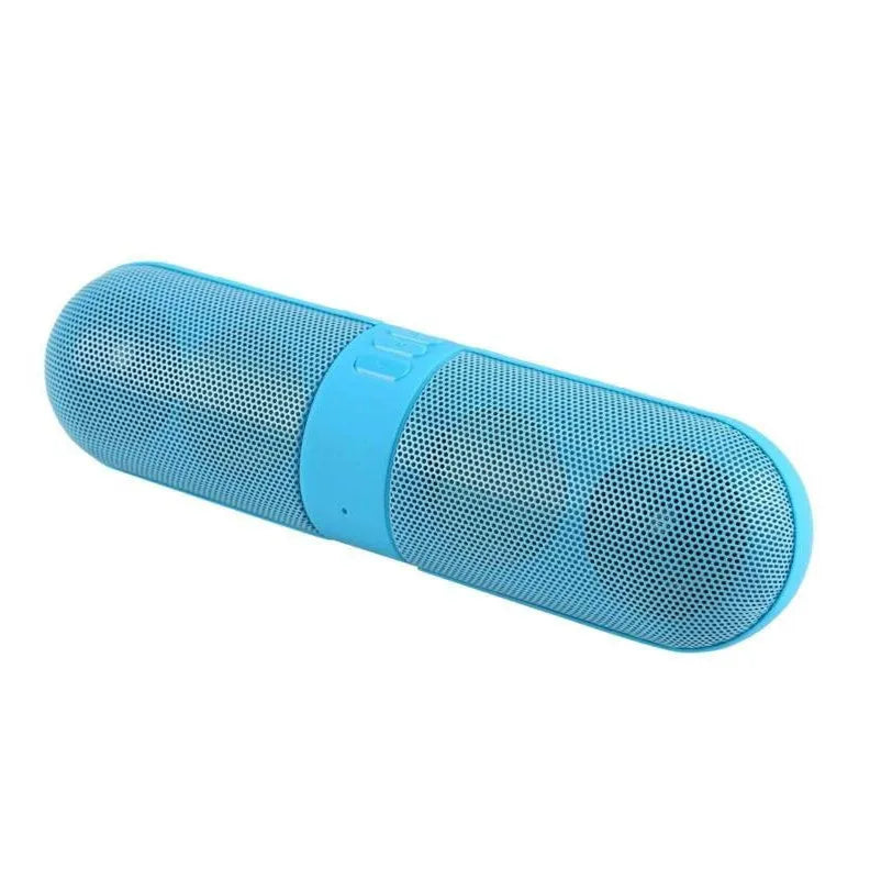 Portable blue pill-shaped Bluetooth speaker with dustproof plastic shell and button controls