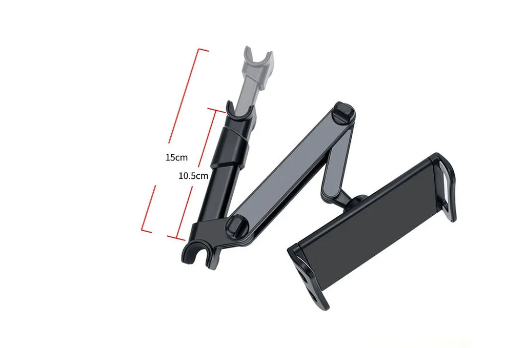 Black car phone holder mounted to rear seat base holding tablet for navigation