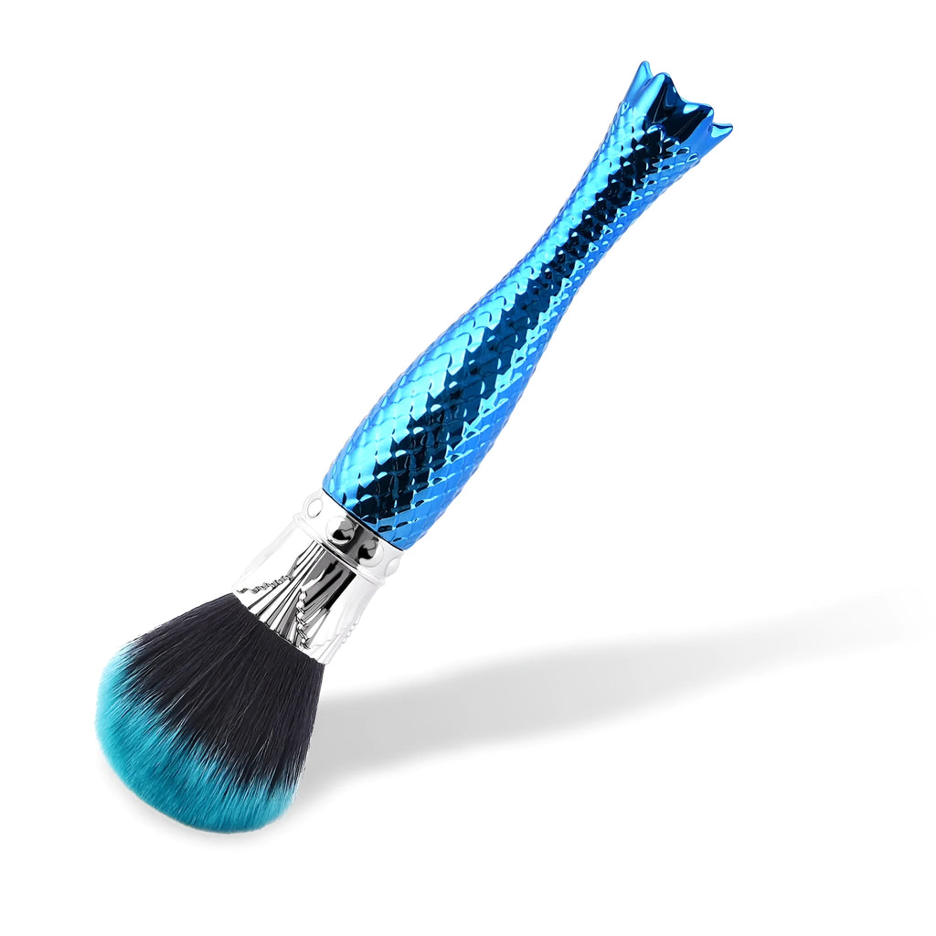 Demon blue single makeup brush with nylon bristles and plastic handle on white background