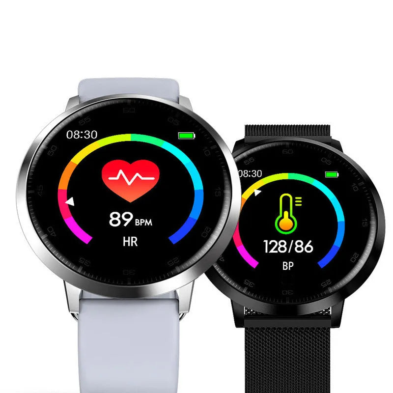 Black ultra-thin waterproof smart health bracelet with 1.3-inch colour touchscreen on a silicone wristband.