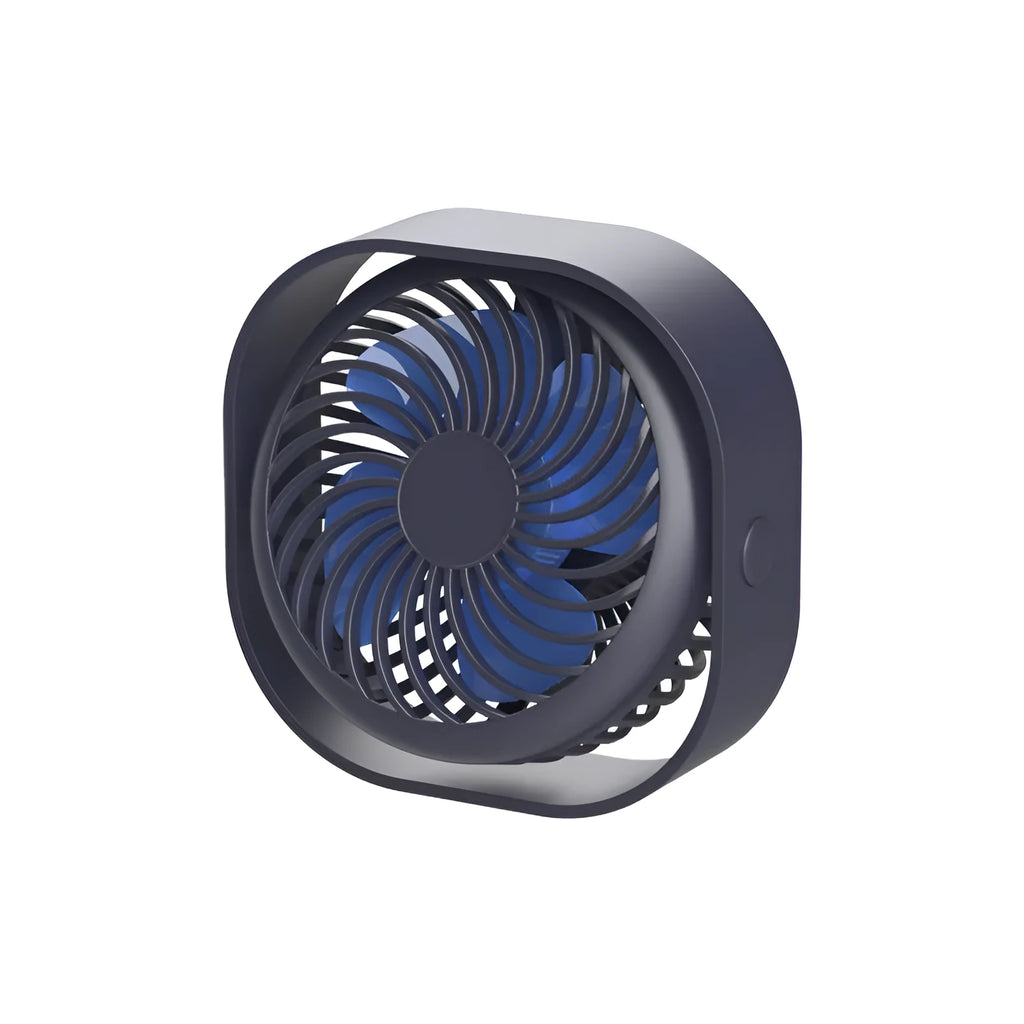 USB-powered desk fan with 360-degree rotation in a modern simple style, shown in blue.