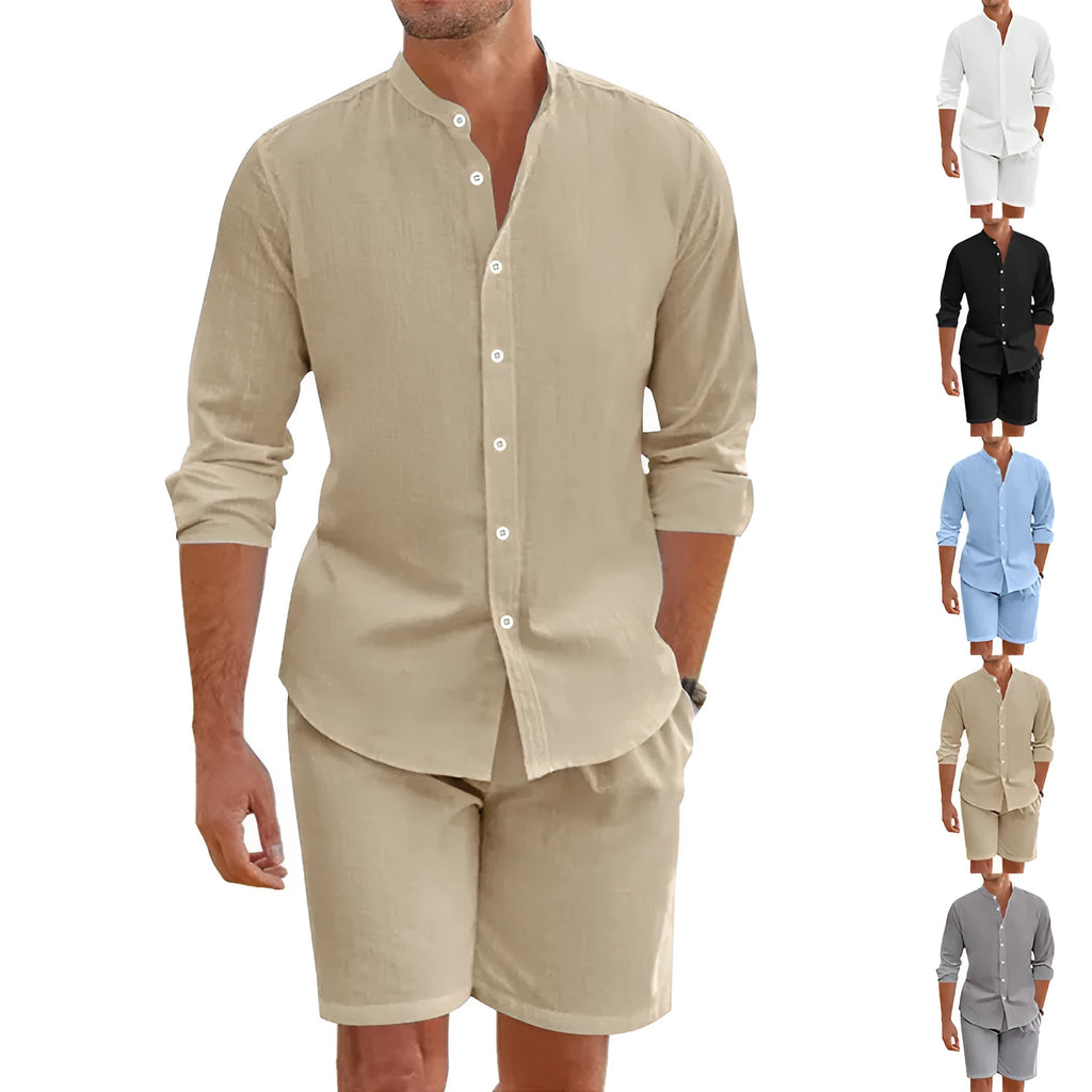 Men's summer short sleeve shirt and drawstring shorts set in hemp blend fabric