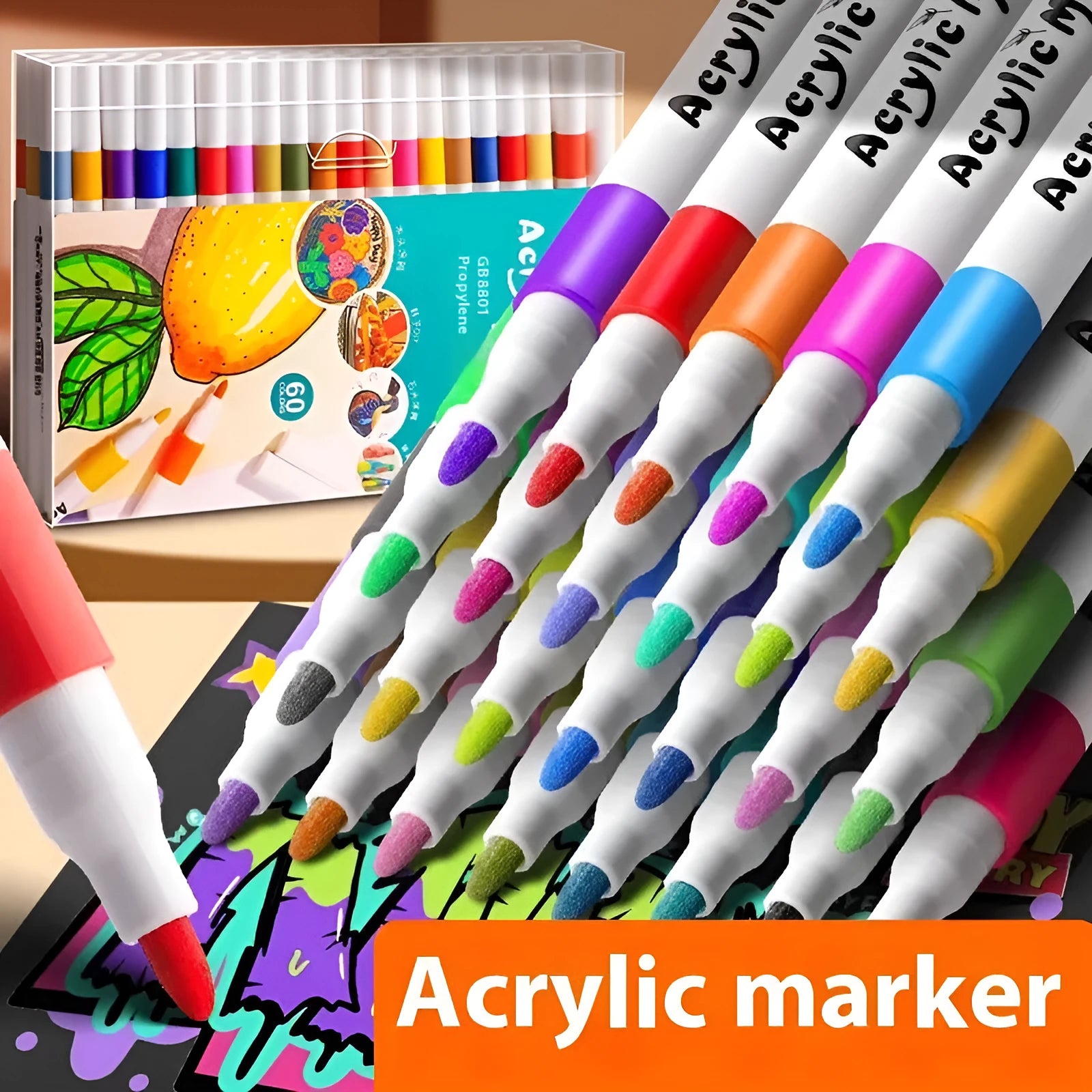Multicolour acrylic marker pen set with plastic barrels and fibre tips in box packaging
