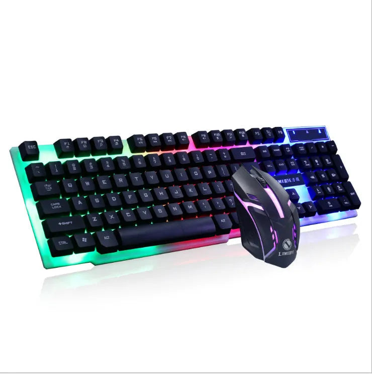 GTX300 wired gaming keyboard and mouse set on a desktop, showing backlit keys.