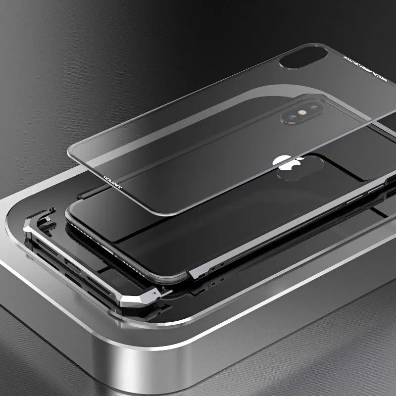 Transparent tempered glass phone case with metal aluminium frame for iPhone shockproof protection, black colour option