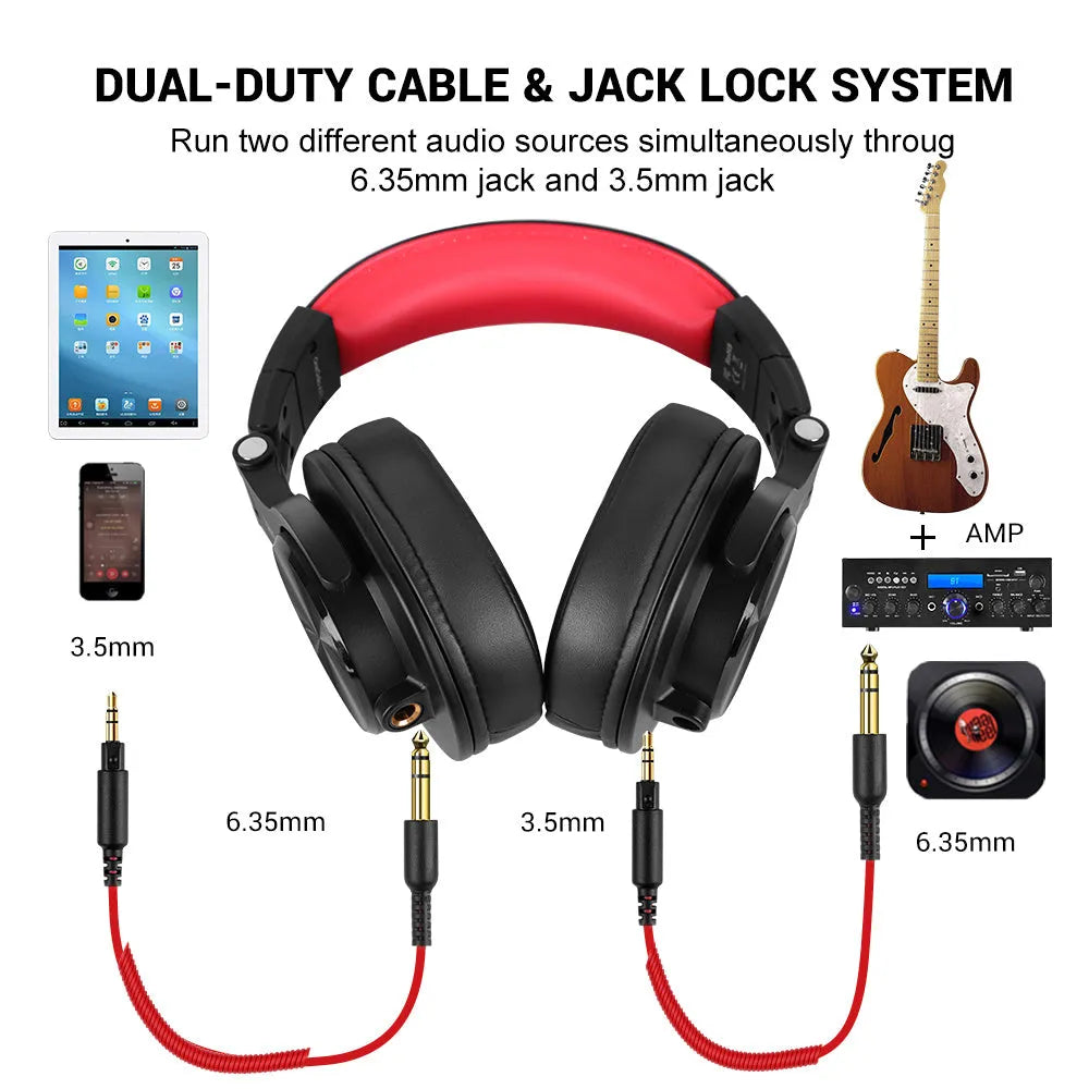 Black and red OneOdio over-ear wired headphones with a detachable 3.5mm audio cable.