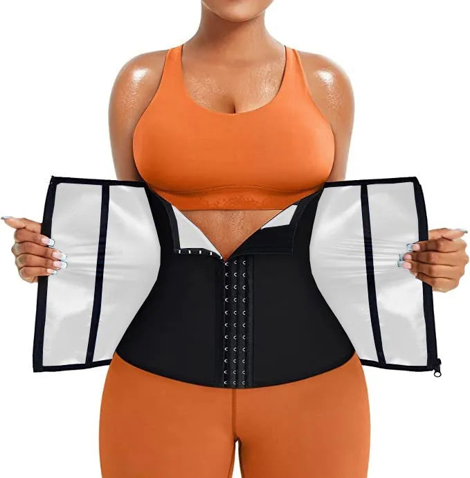 A painted blue neoprene abdominal girdle with an adjustable strap, laid flat.
