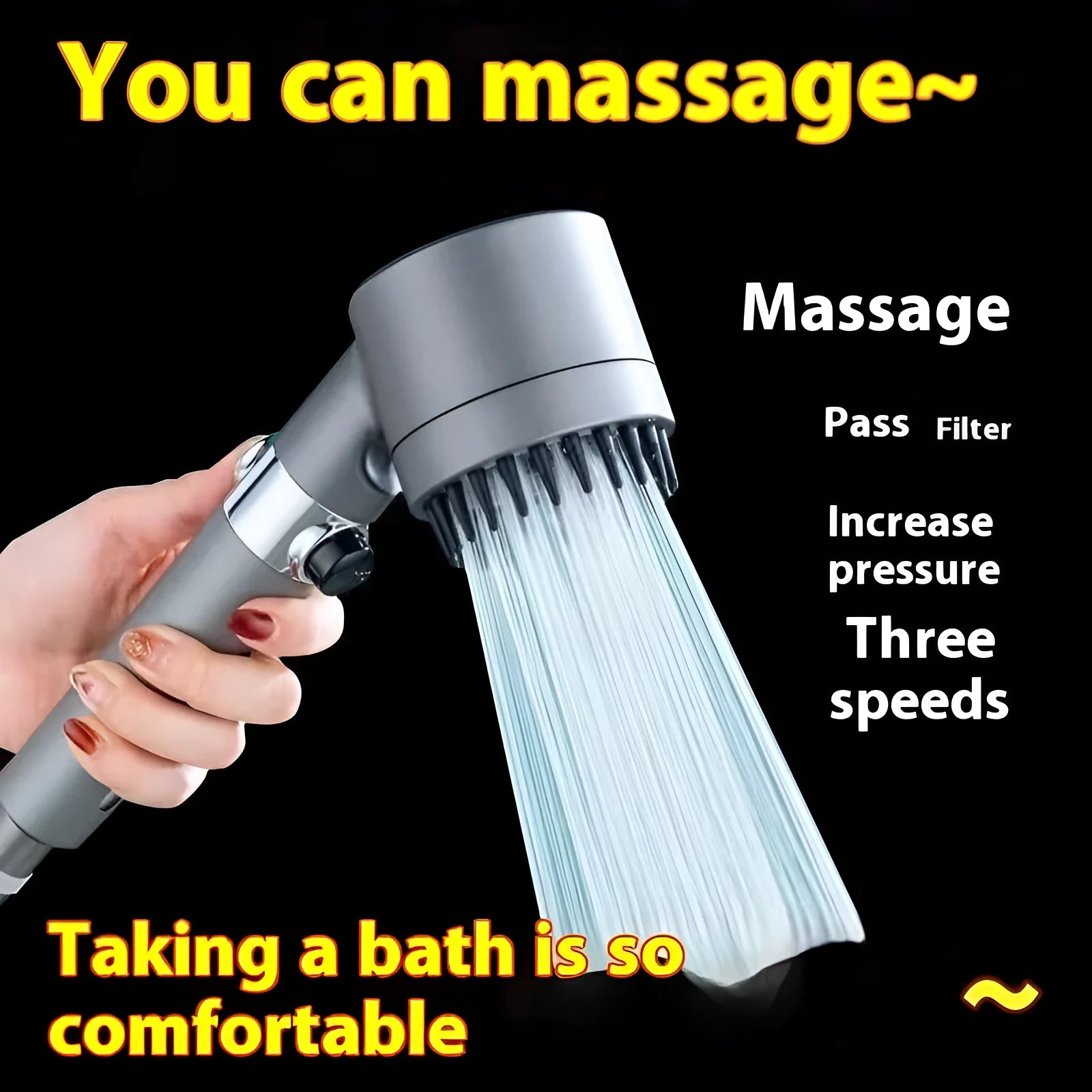 Portable ABS plastic massage shower head with three adjustable water pressure settings