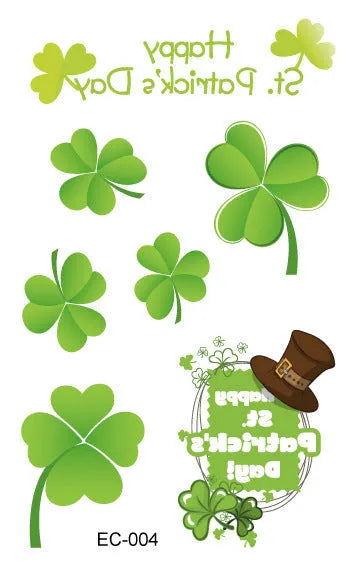 Irish festival temporary tattoo sticker with St. Patrick's Day shamrock design measuring 120×75mm